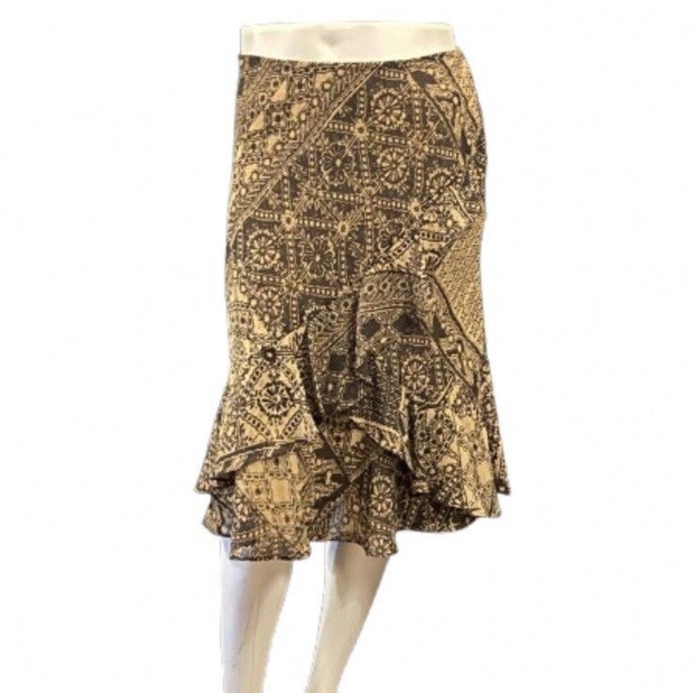 Chaps BOHO Fairy Grunge Faux Ruffle Skirt Brown Batik Faux Wrap Knee MIDI MEDIUM